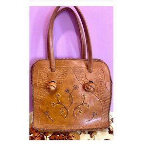 NOS VTG Mexican Latigo Leather Bag Caramel Hand-Textured and Collaged (LIKE NEW)